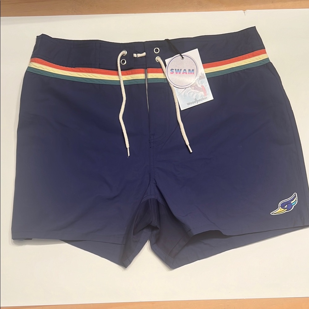 Blue and Red Swim Trunks with Drawstring Closure